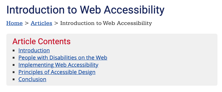 Anchor links labelled Article Contents on the Introduction to Web Accessibility of the WebAIM site